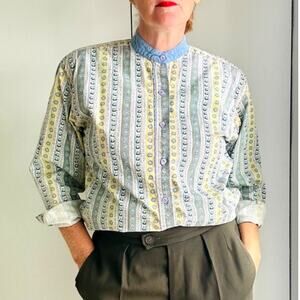 Vintage 80s Cottage Core Western Blouse Chambray Size Small Made USA Yellow Blue